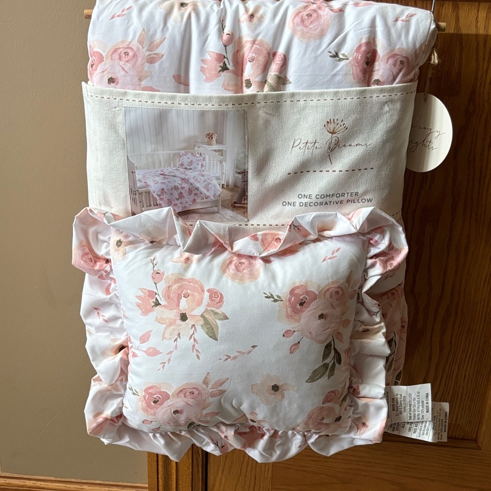 Crib / Toddler Bed .. Floral Ruffle Decorative Pillow and Comforter Set